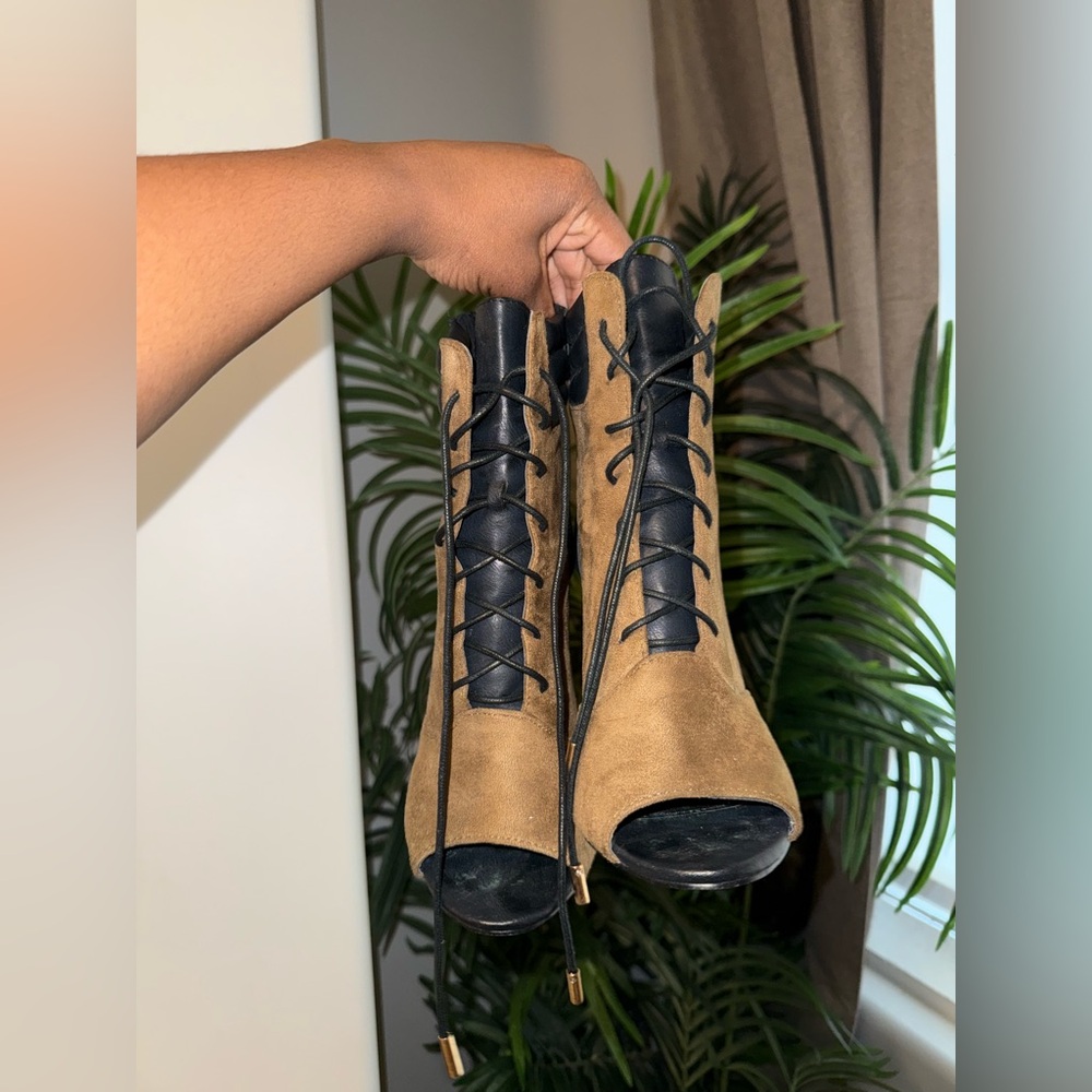 Tan and Black Lace-Up Peep Toe Boots